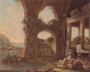 unknow artist An architectural capriccio with washerwomen by a river oil painting